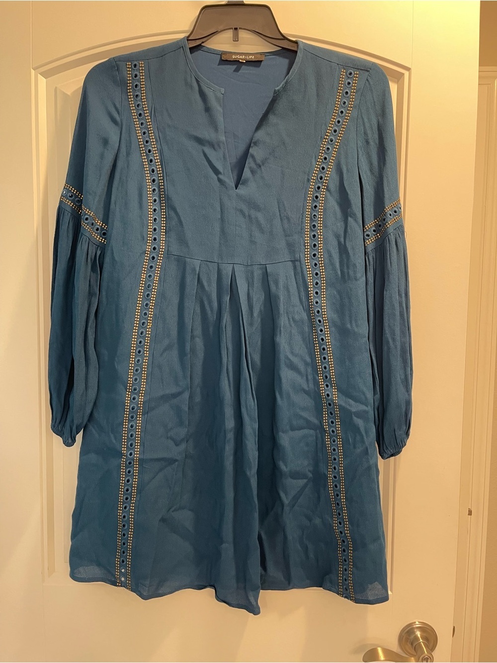 Sugar Lips Boho Peasant Shift Dress  Size Small Blue Long Sleeve Gold Accents